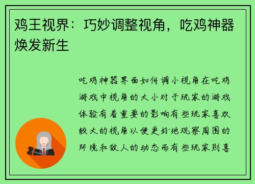鸡王视界：巧妙调整视角，吃鸡神器焕发新生